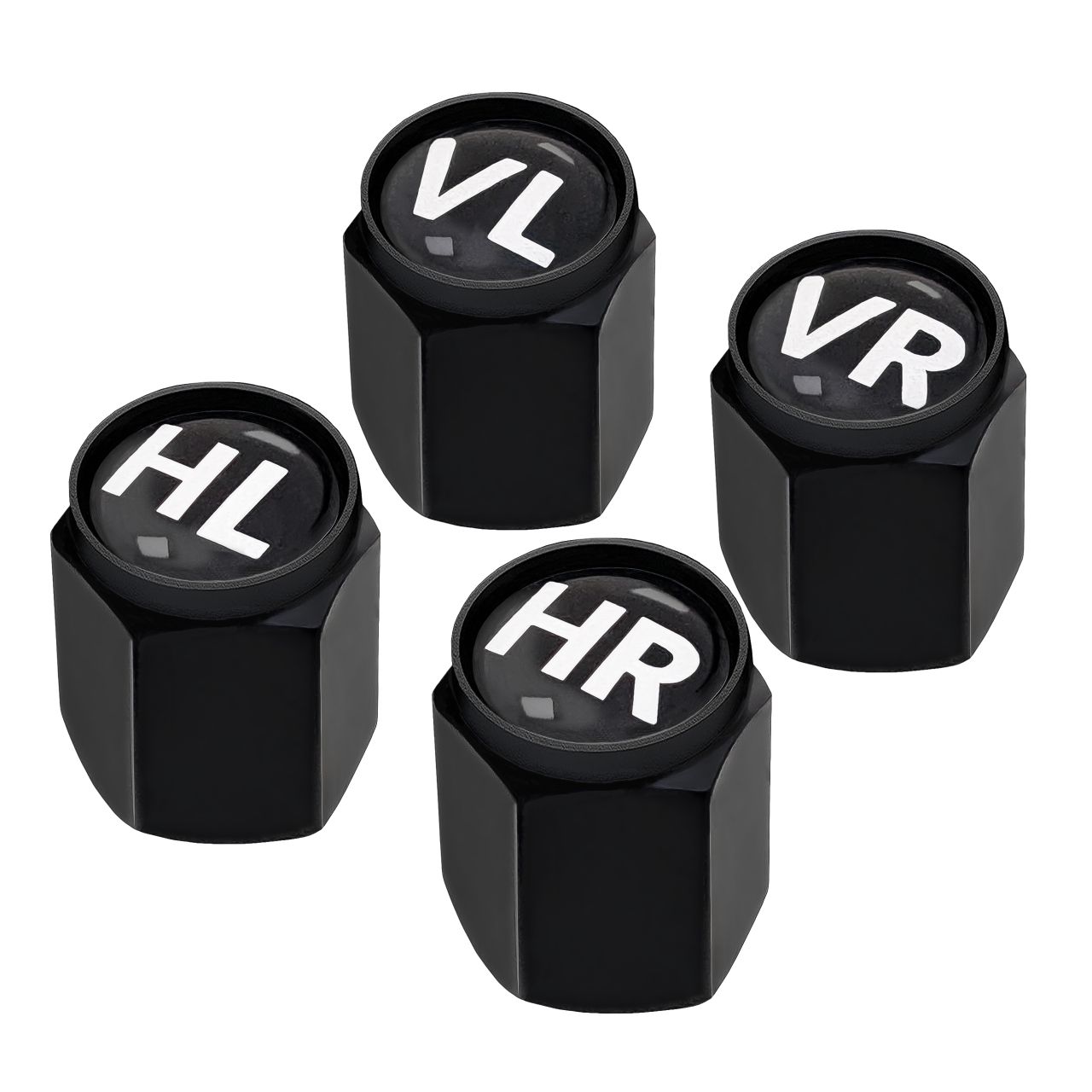 Alu Ventilkappen mit Beschriftung VL,VR,HL,HR in schwarz 4er Set