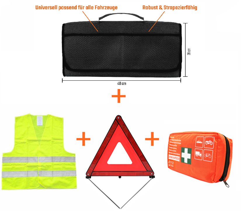 Kfz Basis Sicherheitsset mit Kofferraumtasche (Verbandtasche, Warnweste, Warndreieck, Kofferraumtasche)